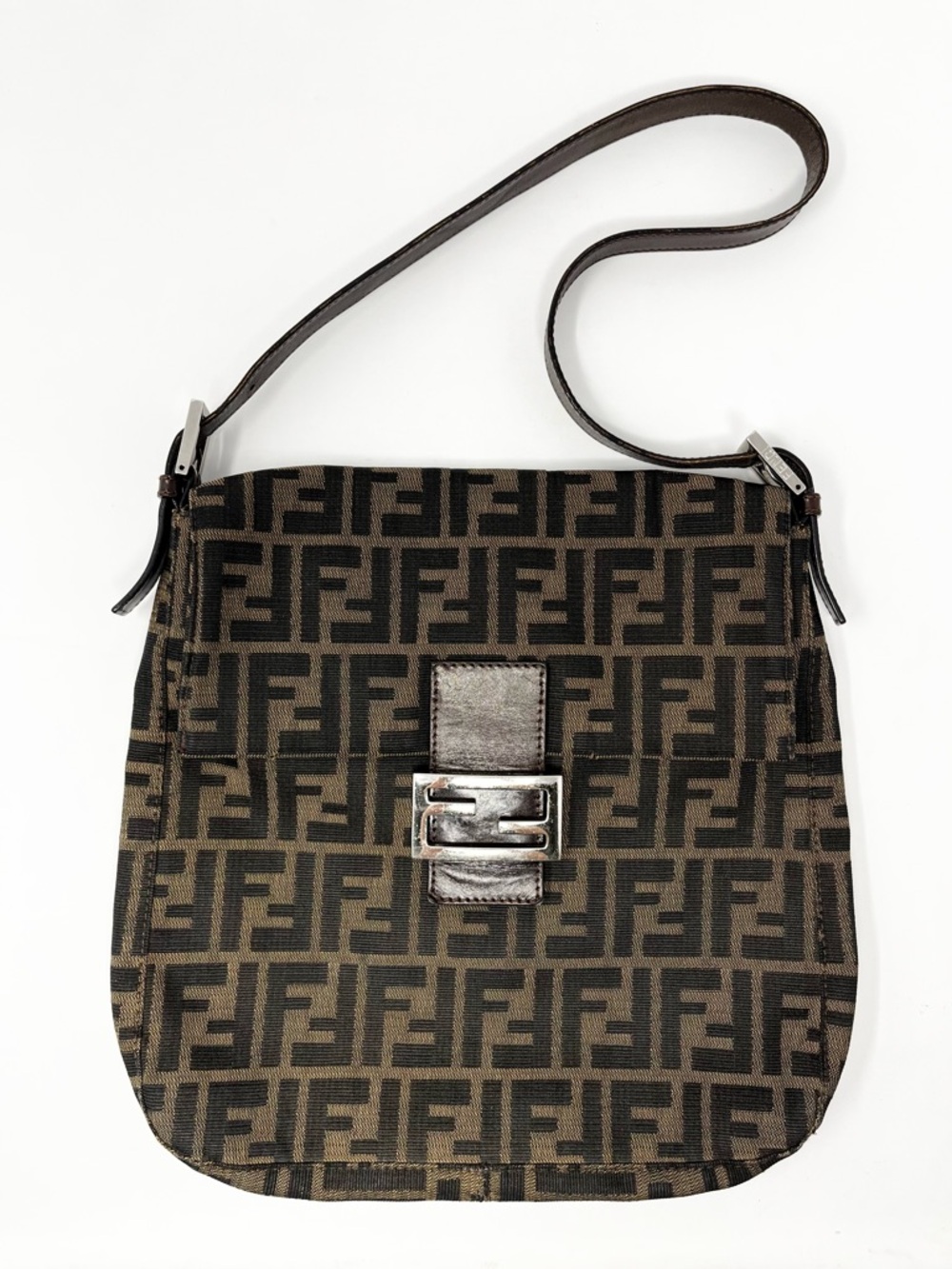 Vintage Fendi Zucca FF Logo Monogram Canvas Flap Shoulder Bag Brown Tan Black